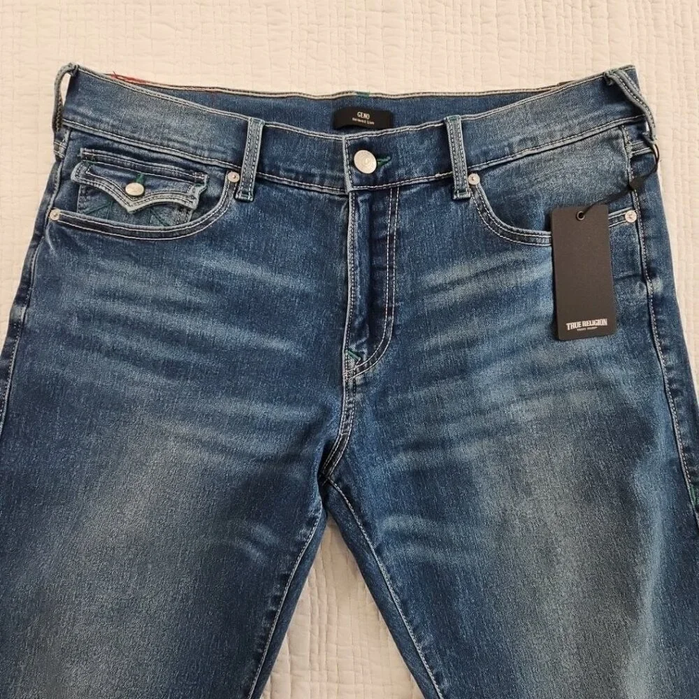 True Religion Geno Big T Flap Jeans Men's 36x32 Med Wash‎ Relaxed Slim NWT NEW